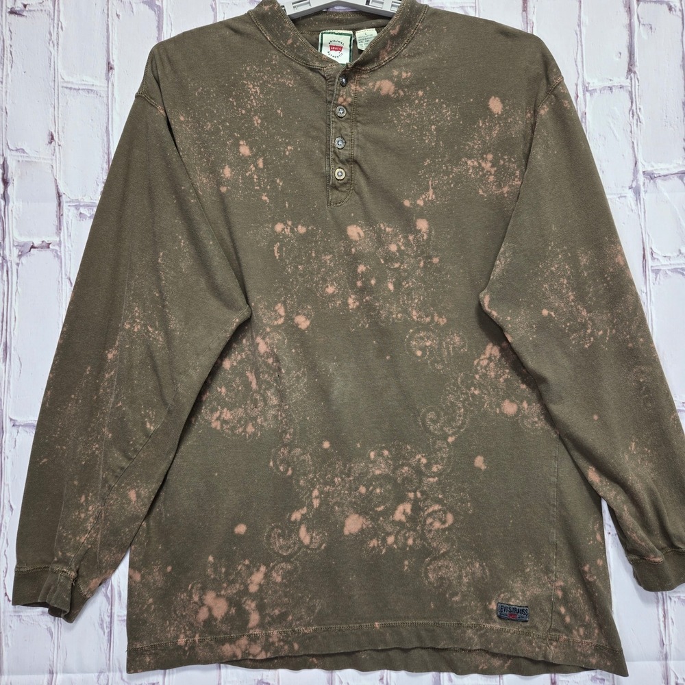 Vintage Levis Strauss Mens Brown Bleach Wash Henley Long Sleeve Shirt Large L